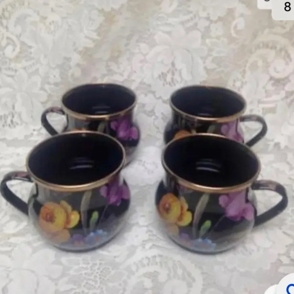 MacKenzie Childs Black Flower Market Enamel 144 oz-4.5 Qts Tea Kettle w/ 4 Mugs - Picture 8 of 11